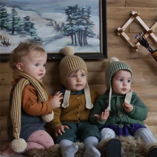 0-4 Years Winter Merino Wool Baby Hats Knit Stripe Fur Ball Beanie Toddler Kids Lovely Knit Crochet Warm Scarf