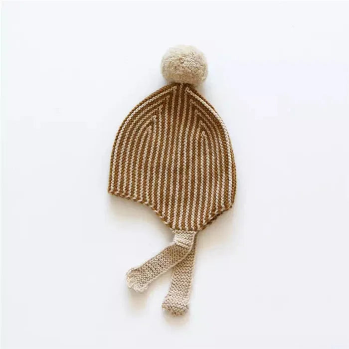 0-4 Years Winter Merino Wool Baby Hats Knit Stripe Fur Ball Beanie Toddler Kids Lovely Knit Crochet Warm Scarf