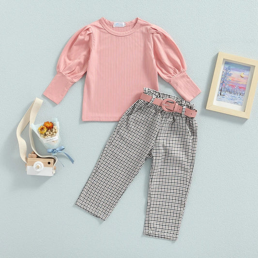 1-6Y Children Kids Girls 3 Pieces Outfits Solid Color Ribbed Round Neck Long Sleeve t shirt Tops Plaid Long Pants Belt Set