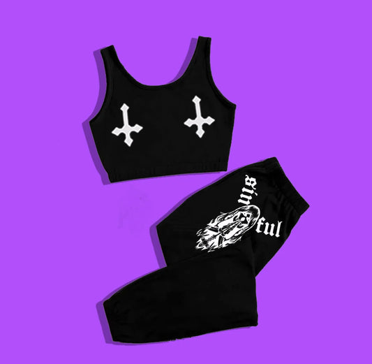 New Sexy Goth Emo Women Two-piece Suits Vest And Long Pants Skull Print Sports Skeleton Sportswear Outdoor Yoga Fitness Wear