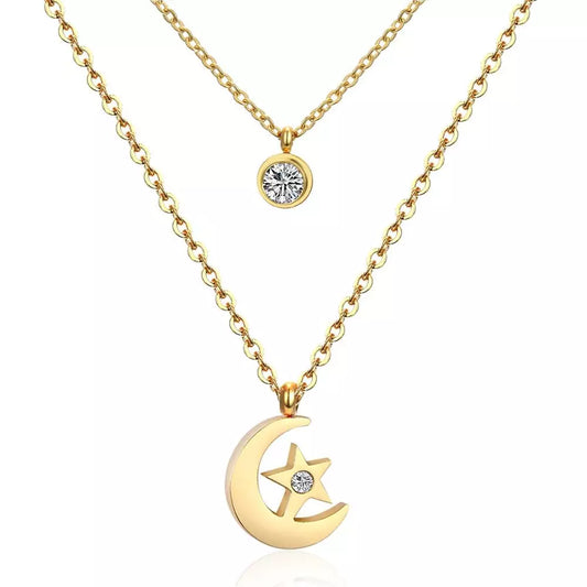 LUXUKISSKIDS Women  Jewelry Necklace Moon Star Gold/Steel Pendant Chain Double Necklace With Crystal Choker Necklaces set