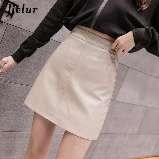 Jielur Leather Skirt Autumn Winter New Korean High Waist Mini Skirt Female 4 Colors Chic Black Sexy Saia A-line PU Skirts Women