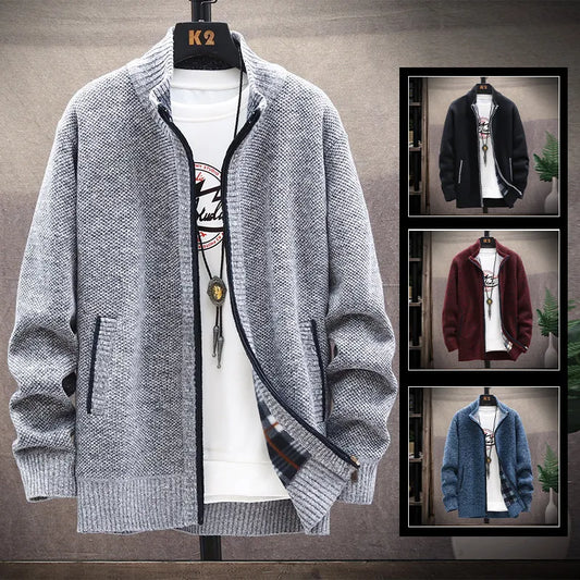 Men's Winter Sweater Fleece Zipper Cardigan Korean Autumn Thick Warm Blazer Coat Sports Male Jumper Knit Clothing Brown Jacket