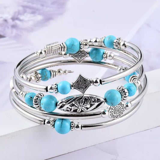 New Natural Turquoise/Tigereye Winding Bracelet Multi-Circle Layered Natural Stone Beaded Bracelet charm bracelets for women