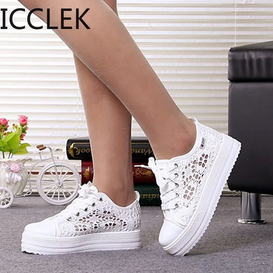 Women Shoes Fashion Summer Casual Shoes White Sneakers Cutouts Lace Canvas Hollow Breathable Platform Sneakers Tenis Feminino