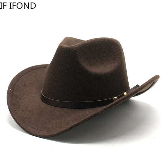 Unisex Vintage Western Cowboy Cowgirl Felt Hat With Punk Belt Winter Autumn Panama Imitation Wool Jazz Cap