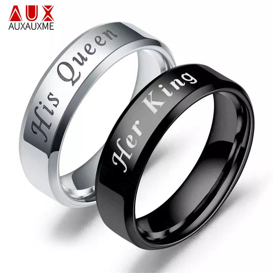 Auxauxme 6mm Her King His Queen Ring For lovers Jewelry Black Stainless Steel Couple Wedding Rings Valentine's Day Gift