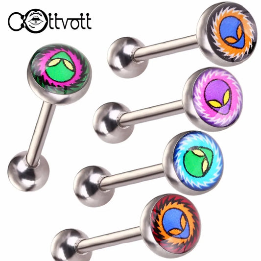 5pcs/Lot Charming Alien Logo Tongue Bar Stainless Steel Tongue Piercing Fashion Body Jewelry Valentine Gift For Girls BR006