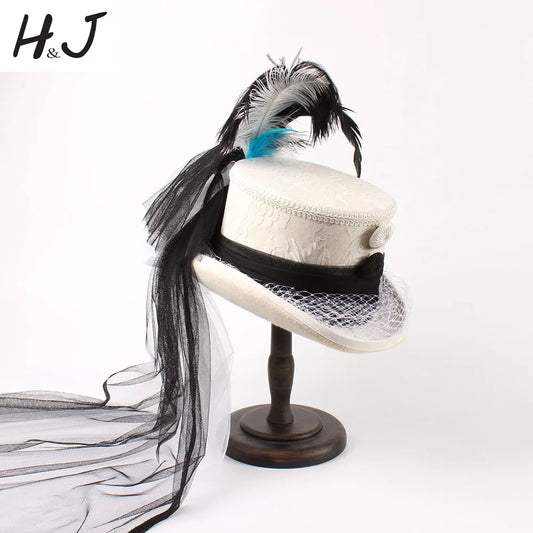 15CM 4 Size White Wool Women Bride Handwork Fedora Top Hat Lady Mesh Steampunk Beaver Feather Party Wedding Hat