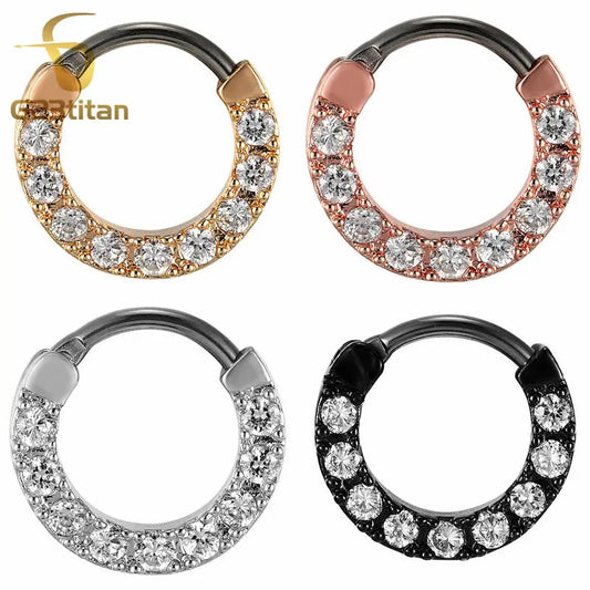 Micro Inlaid Zircon True Nose Piercing Rings 16G Titanium Septum Clicker Ear Daith Earring 8mm Round Hoop Women Men Body Jewelry