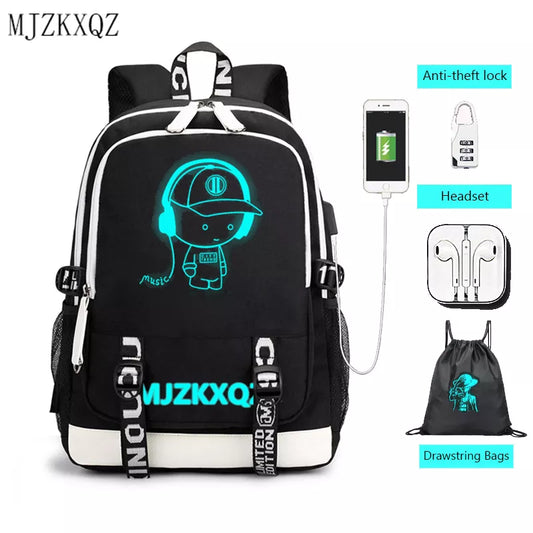 Mjzkxqz Fashion Music Luminous  USB Charging Headphone Jack Backpack School Bags Laptop Backpack Schoolbag Anime Backpack
