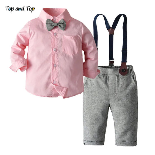 Top and Top Fashion New Kids Boys Gentleman Clothes Set Long Sleeve Bowtie Shirt+Suspender Pants Casual Outfit Boy Tuxedo Suit