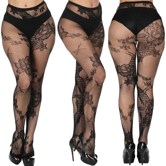 DOIAESKV Women Lingerie Fishnet Tights Jacquard Thigh-Highs Stockings Tights Pantyhose Lace Floral Hosiery Plus Size
