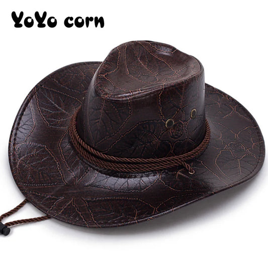 YOYOCORN  Pu leather men's American wind big western cowboy hat ladies knight hat outdoor visor unisex breathable cap