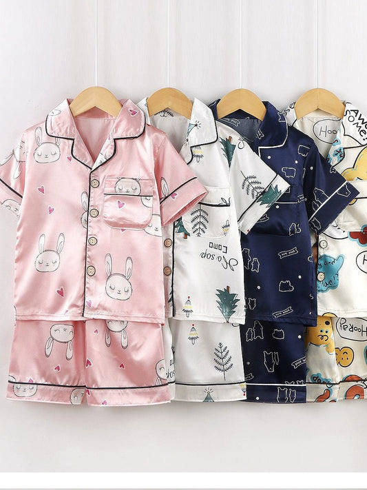 Spring and Summer Ice Silk Lightweight Plaid Pajamas Suit Short Sleeve