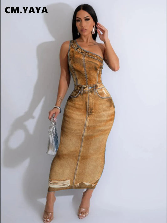 CM.YAYA Women Fake Jean 3D Printed One Shoulder Sleeveless Bodycon Midi Maxi Dress 2024 Club Sexy Party Long Dresses Vestido