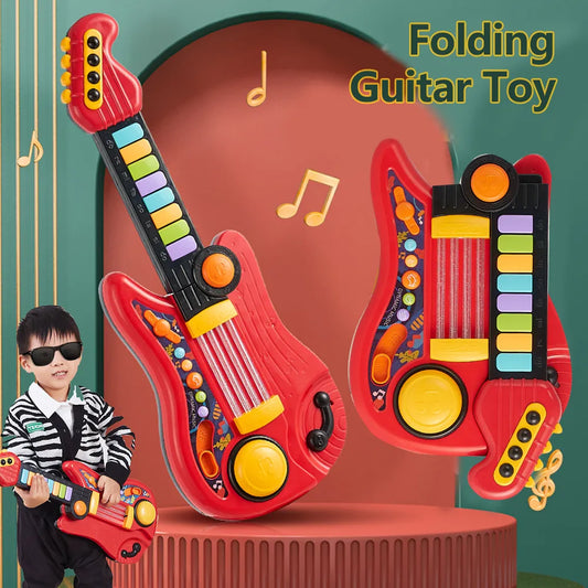 Kids Guitar Toy 2 In 1 Folding Musical Instrument Electronic Piano Brain-Training Educational Toys Birthday Gift for Girl Boy