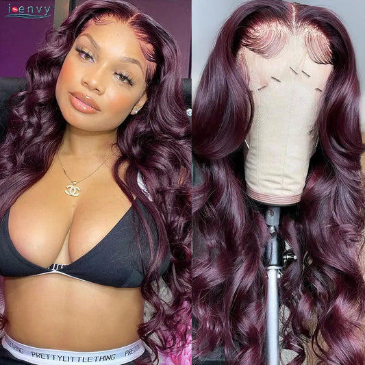 99J Burgundy Lace Front Wig Body Wave Colored Transparent Lace Wig Peruvian 13x4 Lace Frontal Wig Human Hair Wigs Red Wig Remy