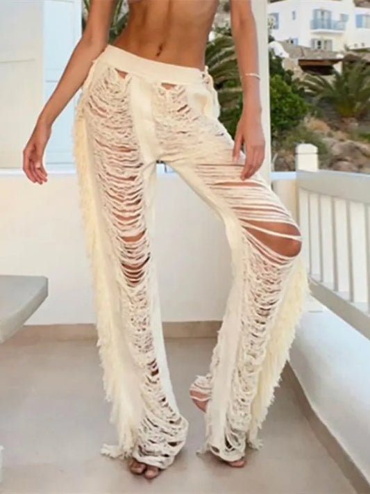 High Quality Chic Tassel Knitted Women Y2K Straight Pants Patchwork Hollow Ripped Trend Middle Waist Casual Trousers Streetwear