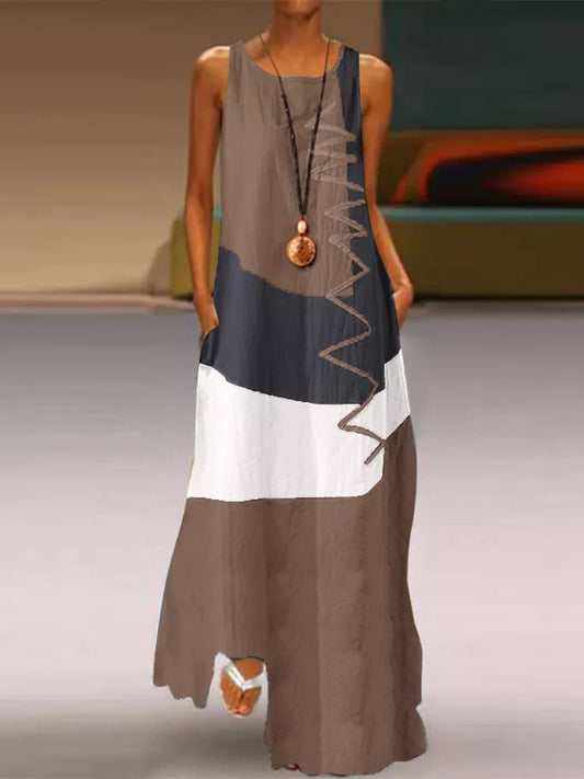 ZANZEA 2023 Vintage Color Stitching Maxi Dress Women's Summer Sundress Casual Sleeveless Tank Vestidos Female O Neck Robe Femme