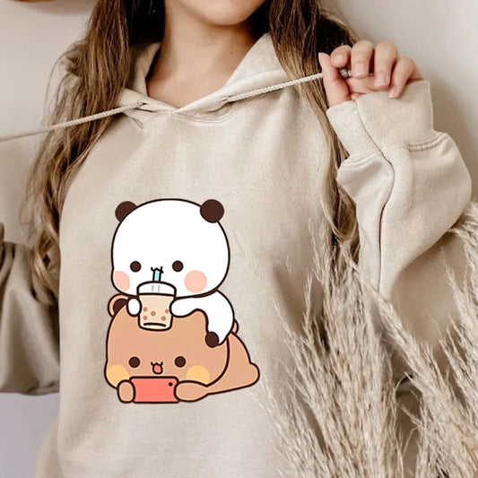 Cute Panda Bear Hoodie Bubble Tea Shirt Bubu and Dudu Tee Unisex Anime Clothes Kawaii Sweatshirt Vintage Cartoon Graphic Hoodie