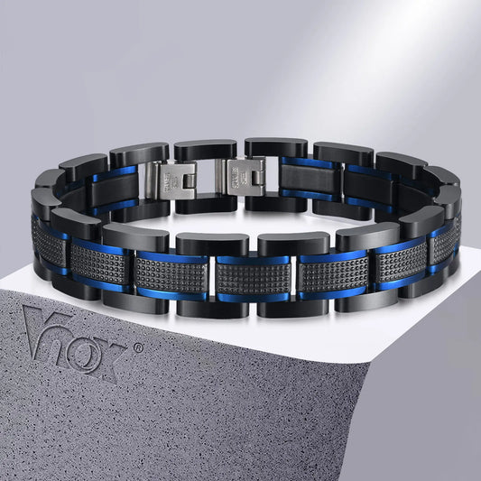 Vnox 14mm Luxury Chain Bracelet for Men, Chunky Bold Punk Wristband, Black Thick Chain with Blue Lines Bracelet