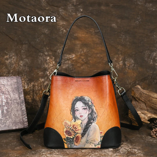 MOTAORA New Vintage Colour Painted Crossbody Bag For Women Cowhide Large Capacity Bucket Handbag Female Handmade Shoulder Bags
