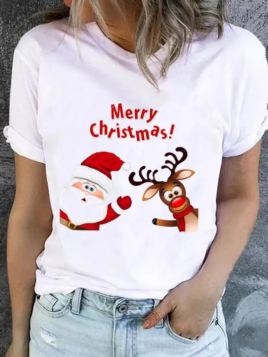 Christmas Clothes Santa Claus Love Style Fashion New Year Short Sleeve Print T Top Basic Women Tee Clothing Graphic T-shirts