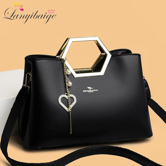Fashion Hardware Handle Leather Handbag Luxury Designer Tassels Shoulder Crossbody Bag For Women 2023 High Quality Tote Bag Sac