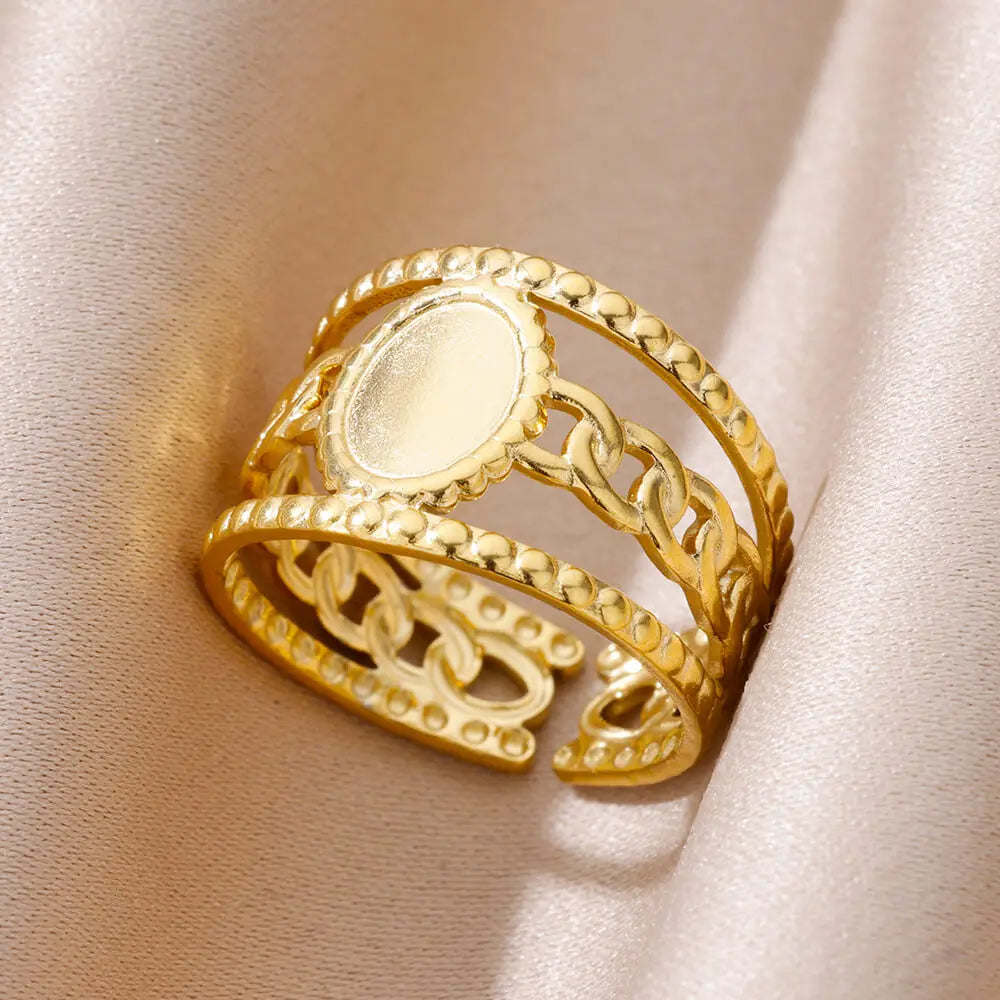 Stainless Steel Bead V Shape Rings for Women Men Gold Color Multi Layer Geometric Wide Ring Female Finger Jewelry Accessories