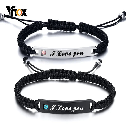 Vnox Personalized Handmade Braided Bracelets for Couples Stainless Steel Bar AAA CZ Stone Women Men Birthday Anniversary Gift