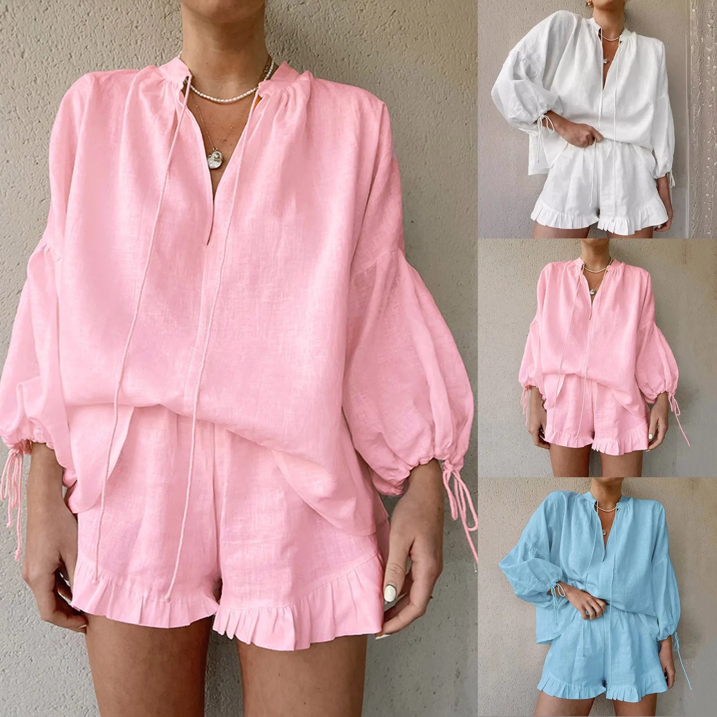 Women's Vacation Fashion Casual Suit Solid Color Summer Shorts And Shirt Top Two Piece Sets V Neck Shirt Sexy Slim Suits