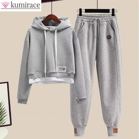 Spring New Minimalist Gray Hoodie Casual Pencil Pants Two-piece Set for Female Student Sports Set Tracksuit