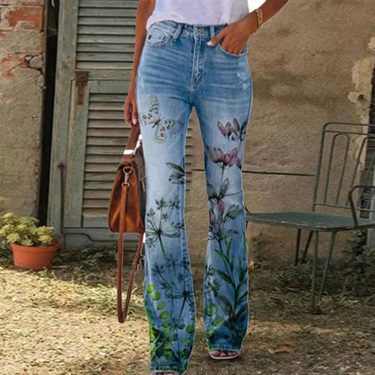 High Waist Button Zipper Fly Pockets Straight Leg Imitation Jeans Blooming Flower Pattern Long Casual Trousers