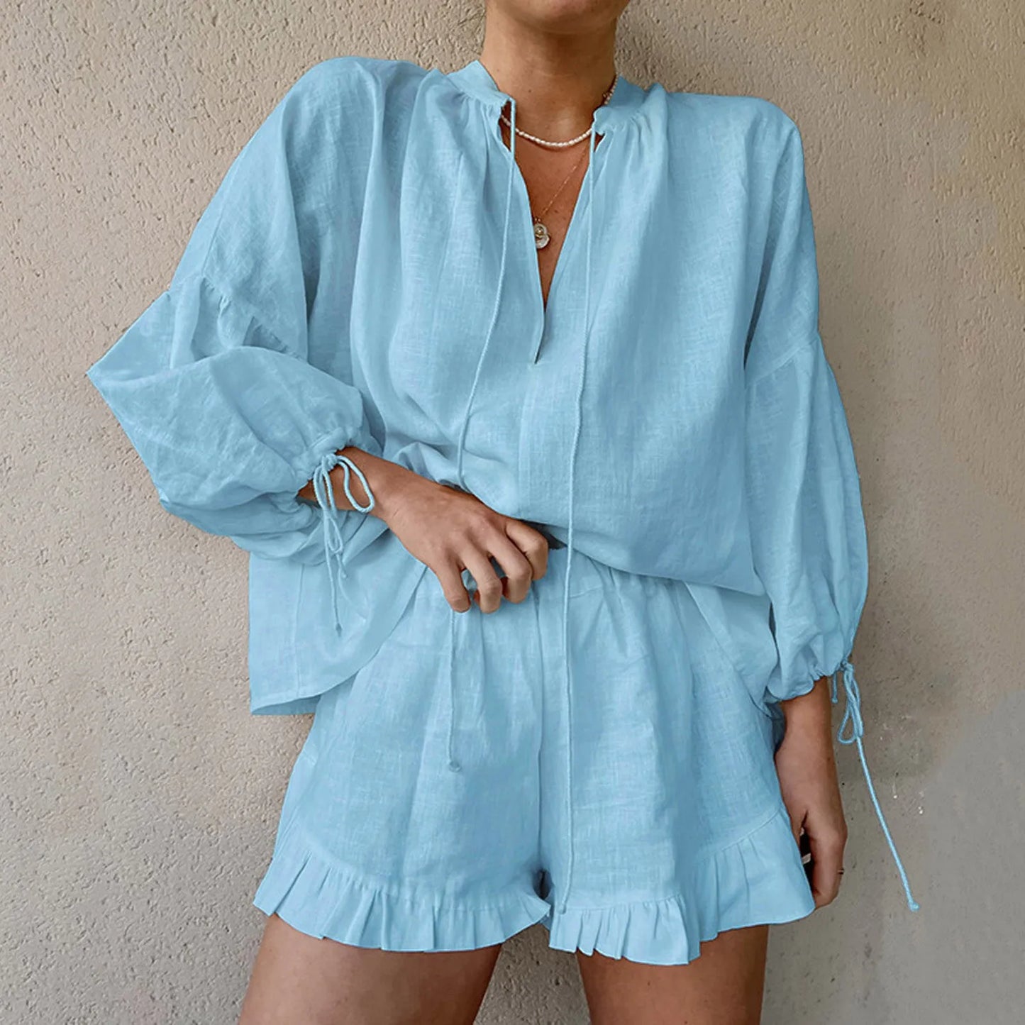 Women's Vacation Fashion Casual Suit Solid Color Summer Shorts And Shirt Top Two Piece Sets V Neck Shirt Sexy Slim Suits