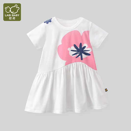 LABI BABY Kids Dresses for Girls Cotton Knee Length Casual Print Round Neck Dress for Children Spring Clothes