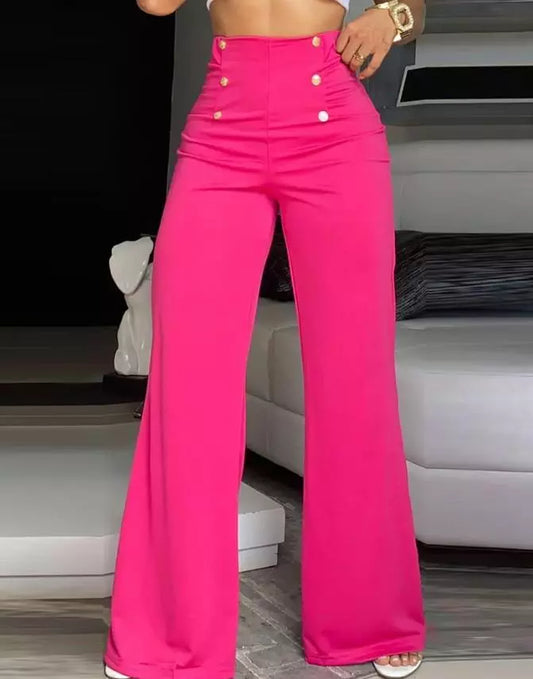 Summer Pants Women Button Decor High Waist Wide Leg Pants Elegant Loose Trousers Korean Fashion Streetwear
