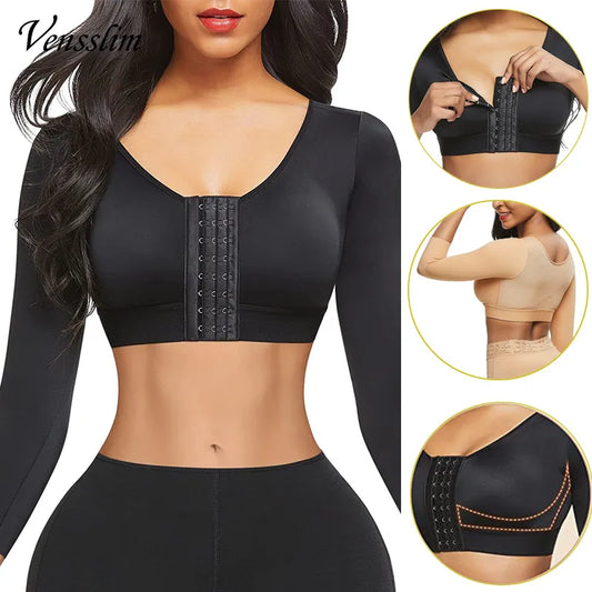 Women Arm Shapers Soft Intimates Daily Underwear Body Shaper Long Sleeves Front Entry Push Up Wire-Free Sports Bra with Hooks