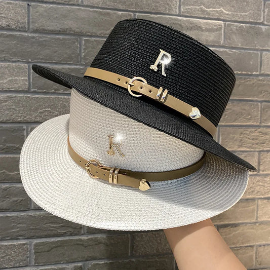 Summer Flat Top Straw Hats for Women New Metal R Letter Fashionable Beach Sun Hat Females Elegant Holidays Boater Hat