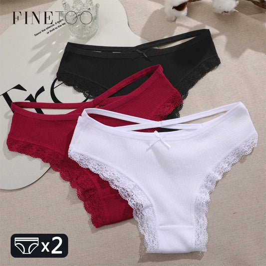2PCS Cotton Panties for Women Sexy Lace Brazilian Briefs Female Low-Waist Cross Webbing Underpants Stretch Breathable Intimates