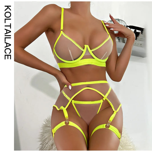 Koltailace Neon Erotic Lingerie Sexy Lace Underwear See Through Bra And Panty Set 4-Pieces Transparent Seamless Exotic Sets
