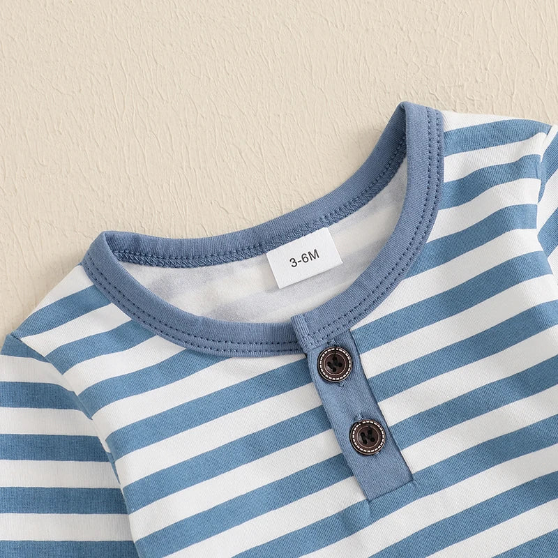 Cute Infant Unisex Autumn Clothes Adorable Striped Bodysuit and Pants Set with Elastic Waistband and Bow Detail