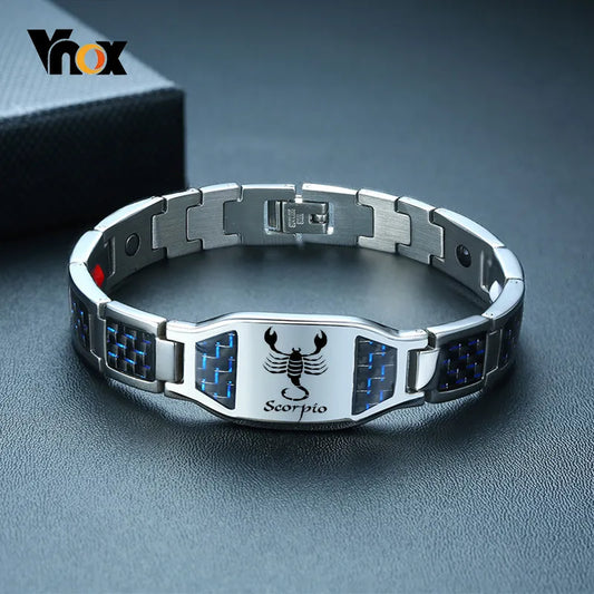 Vnox Men's Free Custom Engraving Info Logo Bracelet with Blue Carbon Fiber Male Wrist Jewelry