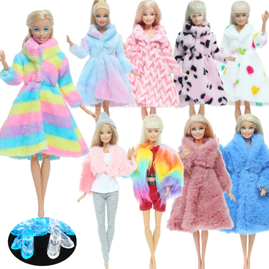 Multicolor 2 Pcs/Set Long Sleeve Soft Fur Plush Coat Dress + High Heel Winter Wear Accessories for Barbie Doll Clothes Kids Toy