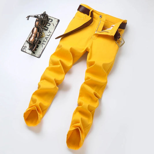 Red Yellow Pink Men's Straight Jeans Design Denim Male Long Pants Elastic Slim Straight Korean Youth Party Hip Hop Trousers