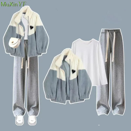 Autumn Winter Women Lamb Plush Jacket White T Shirt Wide Leg Pants 1 or 3 Piece Set Korean Lady Casual Heart Patchwork Coat Suit