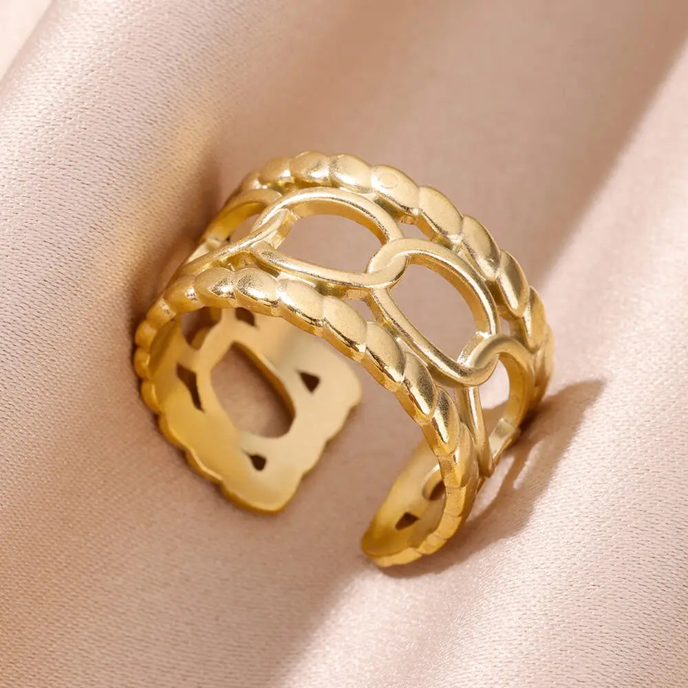 Stainless Steel Bead V Shape Rings for Women Men Gold Color Multi Layer Geometric Wide Ring Female Finger Jewelry Accessories