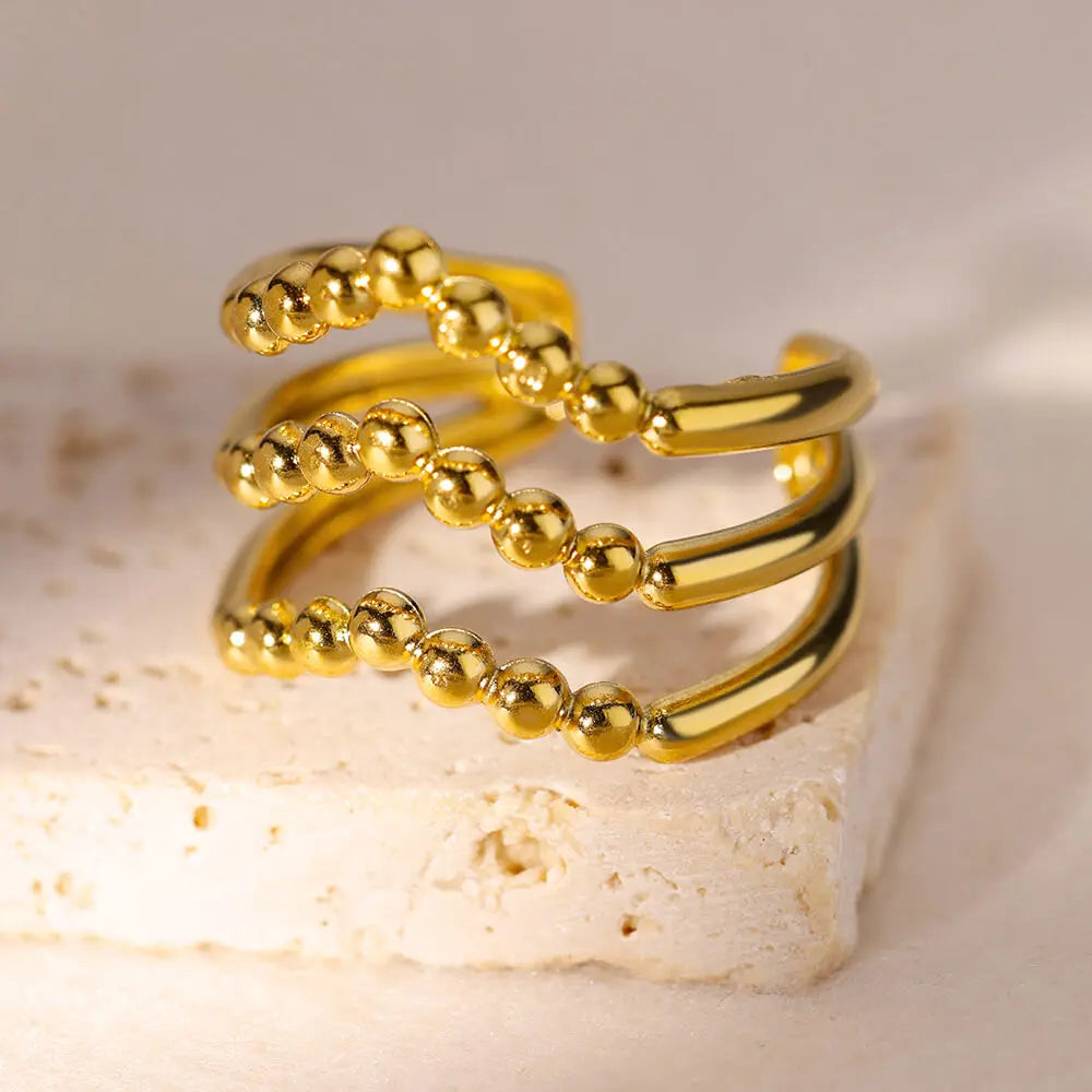 Stainless Steel Bead V Shape Rings for Women Men Gold Color Multi Layer Geometric Wide Ring Female Finger Jewelry Accessories
