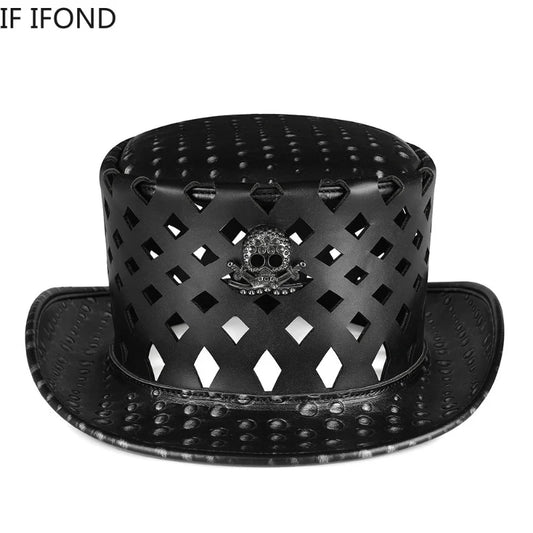 New Punk Style PU Leather Top Jazz Hat For Men/Women Halloween Cosplay Party Cap Magic Cylinder Hat