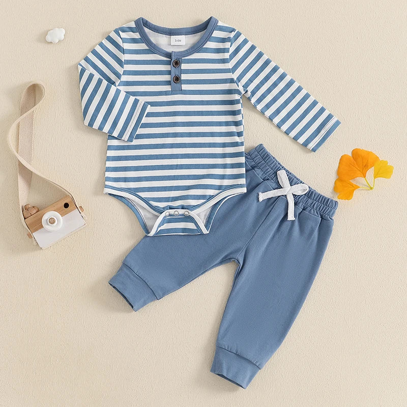 Cute Infant Unisex Autumn Clothes Adorable Striped Bodysuit and Pants Set with Elastic Waistband and Bow Detail